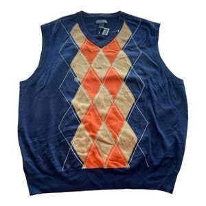Saddlebred Sweater Vest Men's XL Blue & Tan Argyle 100% Cotton V-Neck